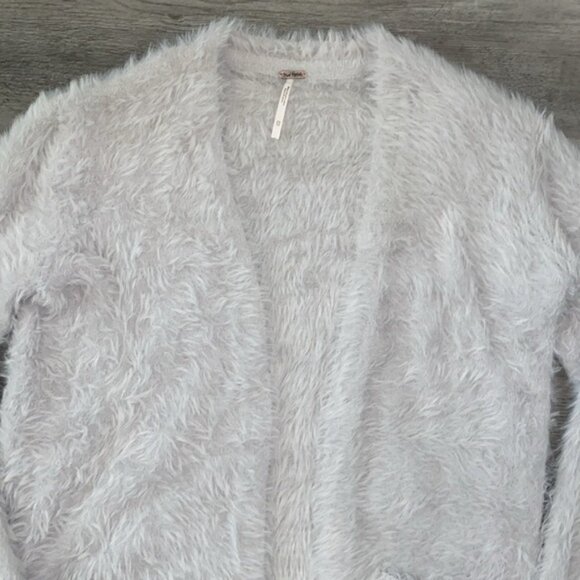 Free People Eyelash Long Cardigan Open Sweater Women's XS Light Gray White Boho - Picture 8 of 12